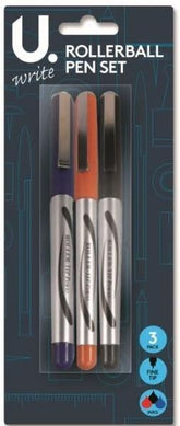 3PK ASSORTED FINE TIP ROLLER BALL PEN SET